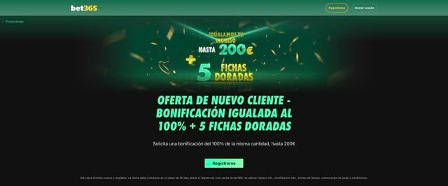 Banner de la oferta de bienvenida de bet365, bonificación igualada al 100% hasta 200€ más 5 fichas doradas