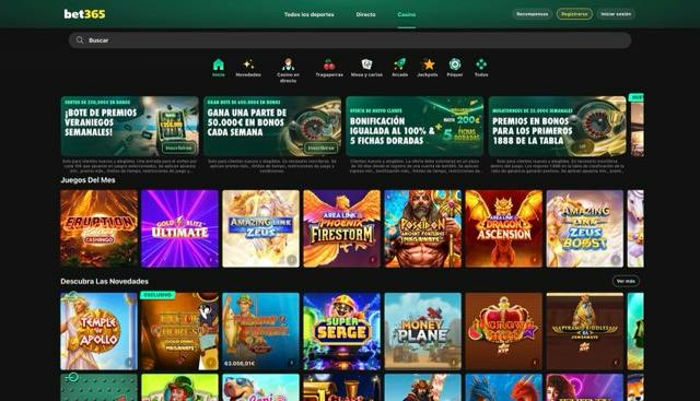 Portada del casino de bet365 con las promociones activas y los juegos del mes