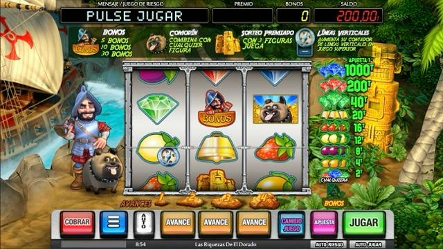 Pantalla completa de Las Riquezas de El Dorado con el explorador, su perro y el tótem de pagos junto a los rodillos