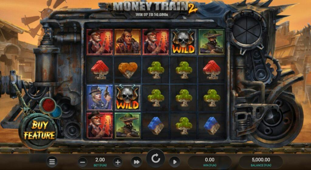 Cuadrícula de Money Train 2 con símbolos Wild y función de compra
