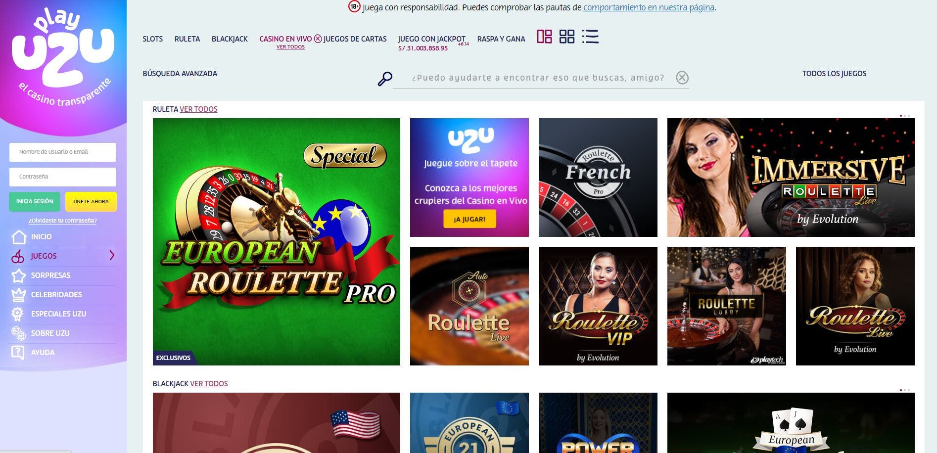 Disfruta del casino en vivo y juega a tu juego favorito en PlayUzu Perú