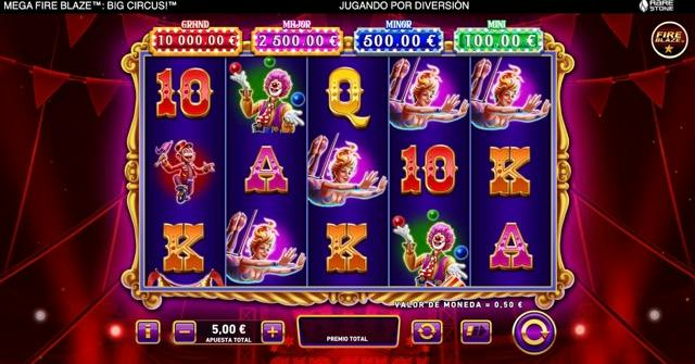 Partida base de Big Circus Mega Fire Blaze con la escalera de jackpots Grand, Major, Minor y Mini sobre los carretes