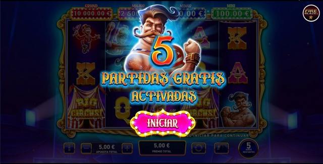 antalla de inicio de las 5 partidas gratis activadas en Big Circus Mega Fire Blaze