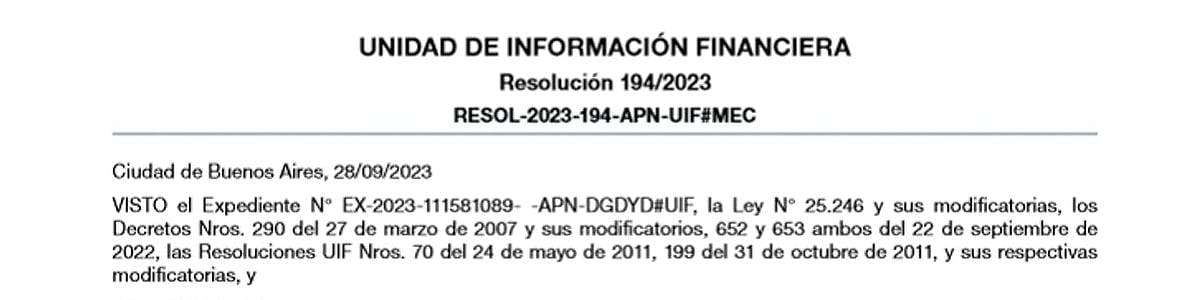 Resolución UIF N° 194/2023 – Argentina regula contra LA/FT