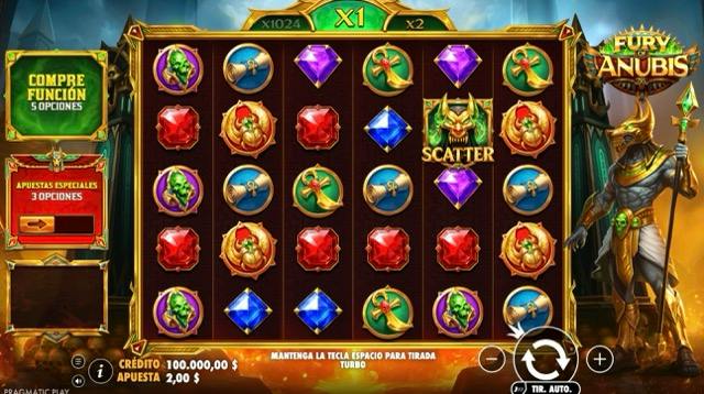 Cuadrícula de Fury of Anubis con símbolo scatter, escarabajo, ankh y gemas egipcias en los carretes