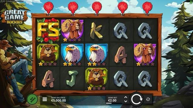 Símbolo scatter FS en la rejilla de Great Game Rockies junto a animales con estrellas