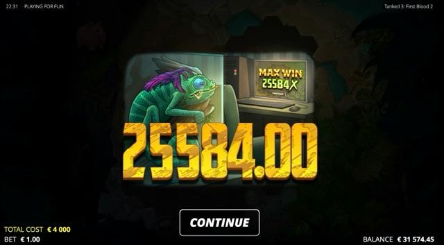 Pantalla de premio máximo de Tanked 3: First Blood 2 mostrando el pago de 25.584x la apuesta