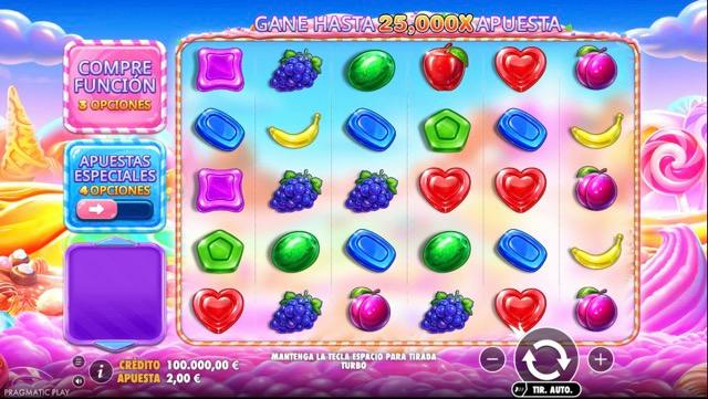 Cuadrícula de 6x5 de Sweet Bonanza 2500 con caramelos y frutas sobre un paisaje de nubes y helados
