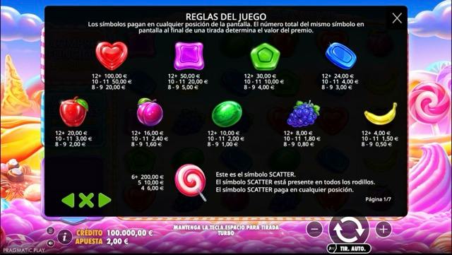 Tabla de pagos de Sweet Bonanza 2500 con los premios de caramelos, frutas y el scatter de la piruleta