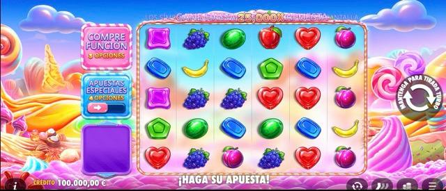 Sweet Bonanza 2500 en un móvil en horizontal con los botones de compra de función y apuestas especiales