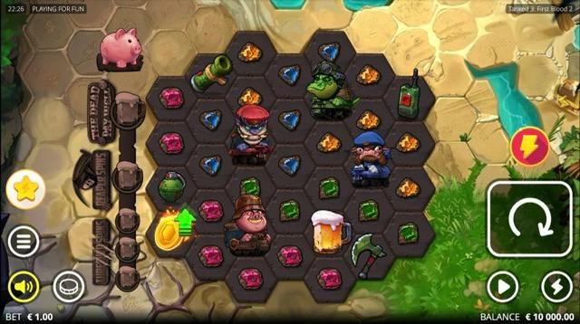 Tablero hexagonal de Tanked 3: First Blood 2 con personajes guerreros recolectando gemas de colores