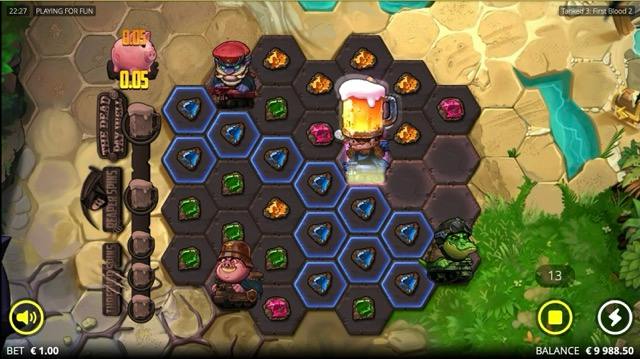 Ronda de bonus de Tanked 3: First Blood 2 con el personaje de la jarra de cerveza recolectando gemas