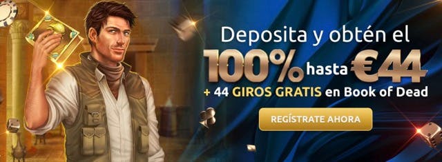 Banner del bono de bienvenida de 44Aces, 100% hasta 44 euros más 44 giros gratis en Book of Dead