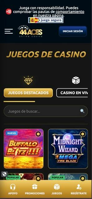 Vista móvil de la página de juegos de 44Aces con barra de navegación inferior fija