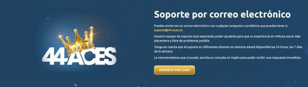 Sección de soporte por correo electrónico de 44Aces con el logo de la marca