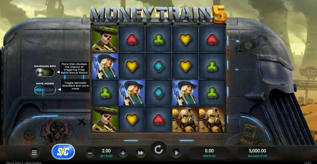 Cuadrícula de 5x4 montada sobre un tren blindado, con los interruptores de Enhanced Spin y modo de juego a la izquierda