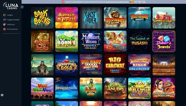 Catálogo de tragamonedas de Luna Casino con varios títulos disponibles