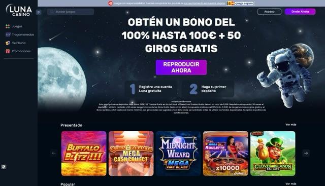 Página principal de Luna Casino con el banner del bono de bienvenida