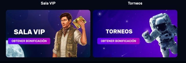 Tarjetas de promoción de Sala VIP y Torneos en Luna Casino